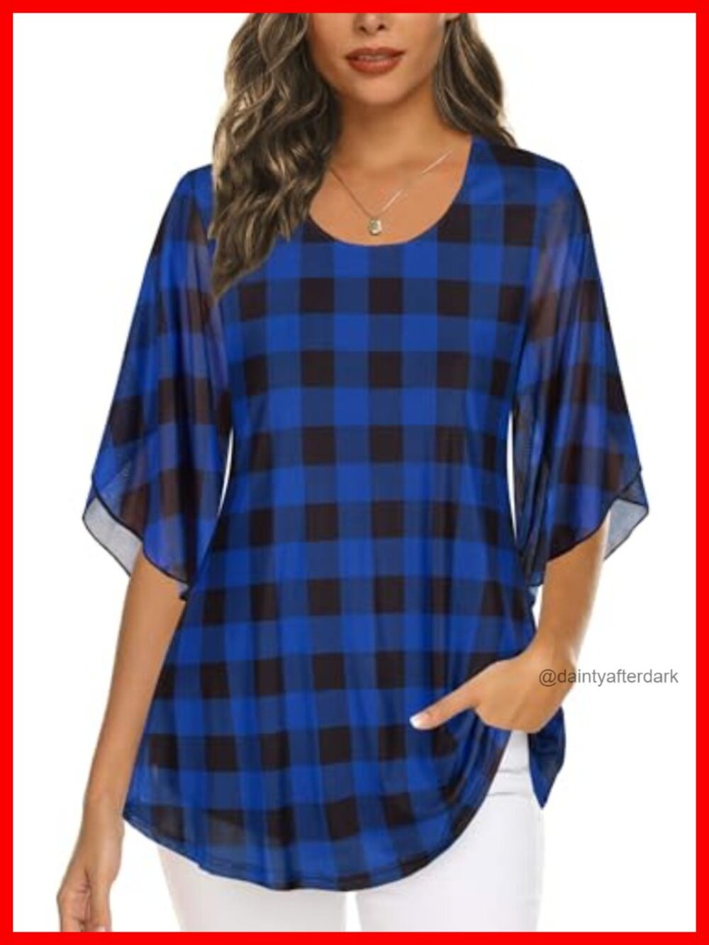 Womens 3/4 Sleeve Mesh Tunic Blouse Loose Scoop Neck Plaid Top